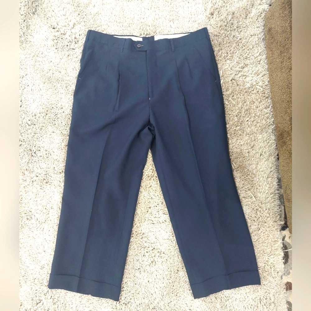 Milano Moda Dress Pants Men's Size 36R Navy Blue Pleated Cuff Hem Inseam 27"